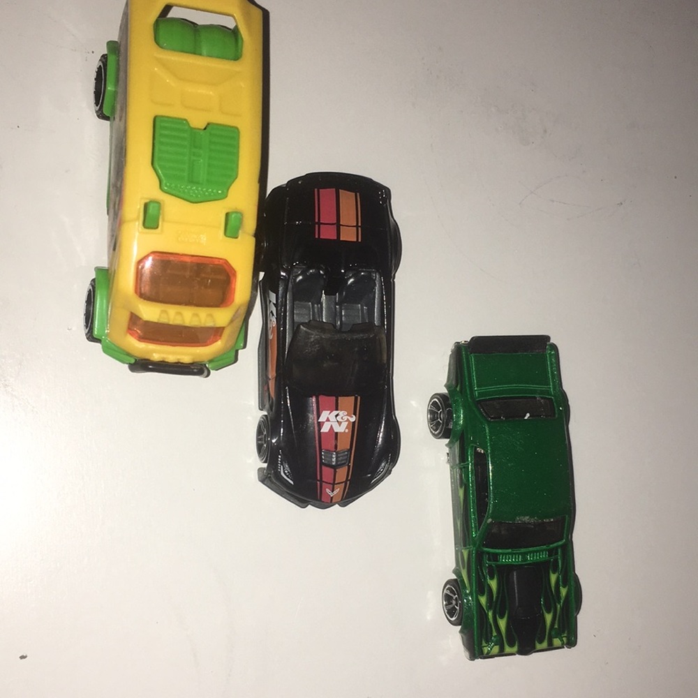 Toy cars 3 set green car race car and a Dino truck hot wheels